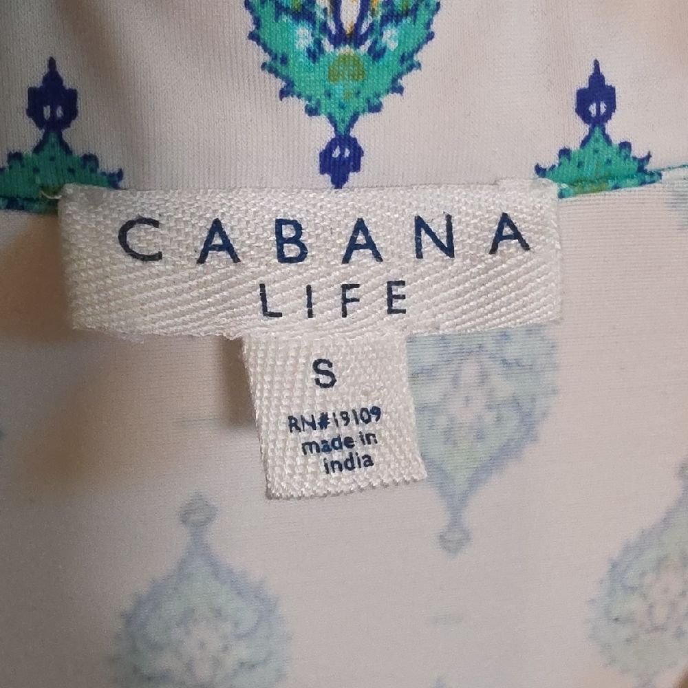 Cabana Life White Coverup Or Dress with Teal Print and Blue Border - Picture 2 of 7